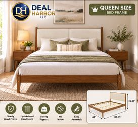 Queen Size Wood Bed Frame with Upholstered Headboard