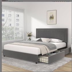 Grey bed frame with drawers