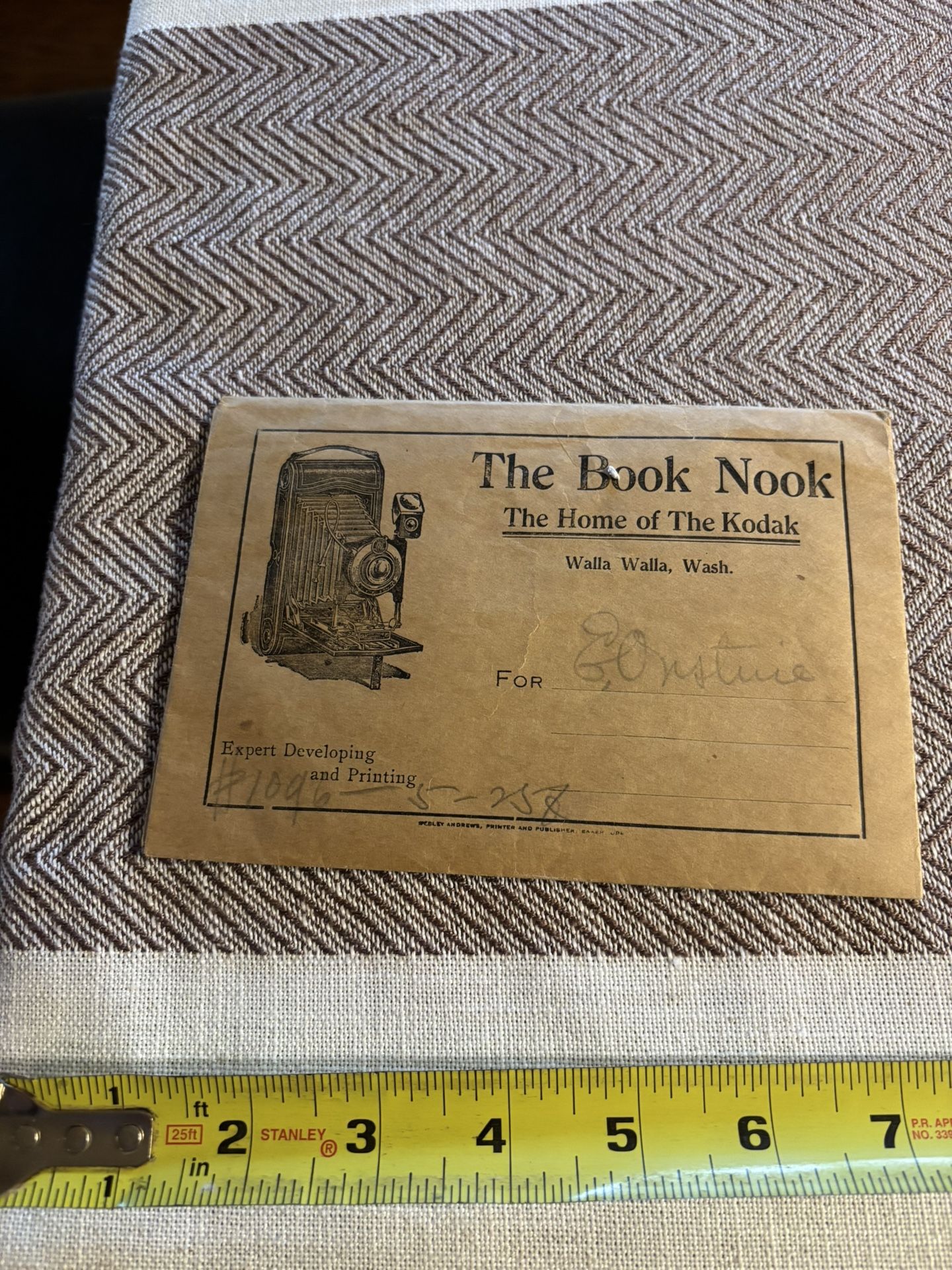 Vintage photo developing envelope from "The Book Nook" in Walla Walla, Washington