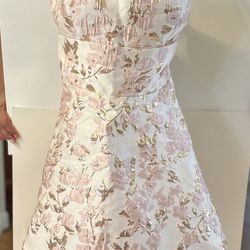 B Darlin Juniors Pink A-Line Dress Size 11-12 – Metallic Floral, Lace-Up Back, Pockets – Gently Used