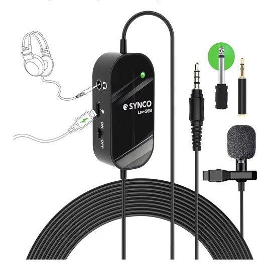 SYNCO Lav-S6M Lavalier Microphone, 3.5mm Audio-Monitor Port Clip-on Condenser Mic Support USB Charging, 6M/19.7 FT Cable Noise Reduction for YouTube, 