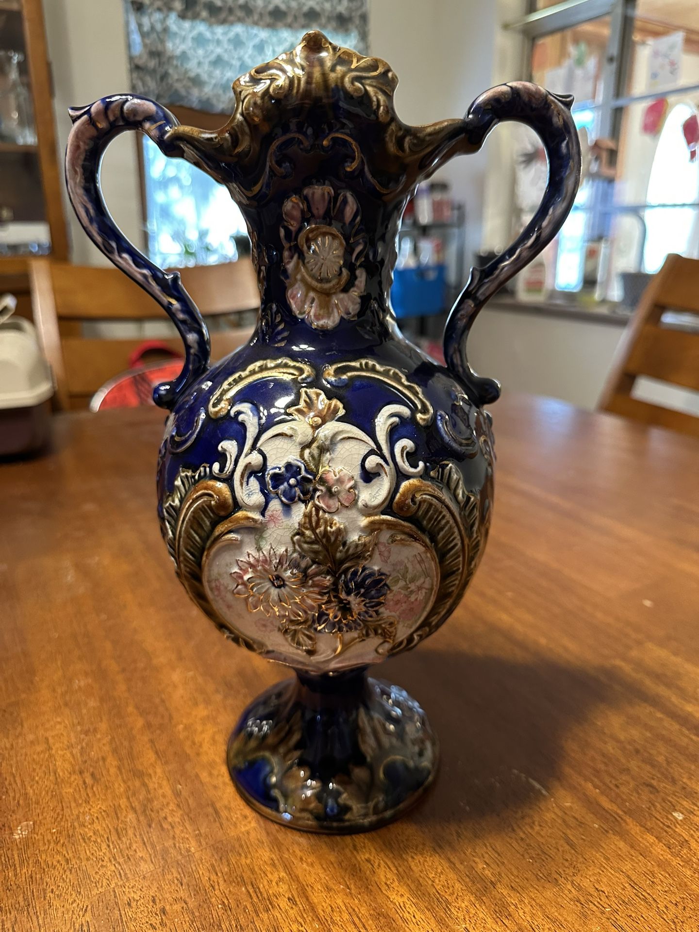 ANTIQUE COBALT BLUE MAJOLICA VASE