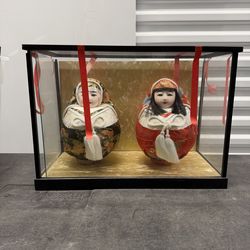 Japanese Daruma Hina Dolls Handcraft Traditional Marriage Kyoto W/Show Case