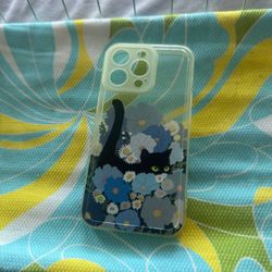 cute blue flowers cat iphone 13 pro case 
