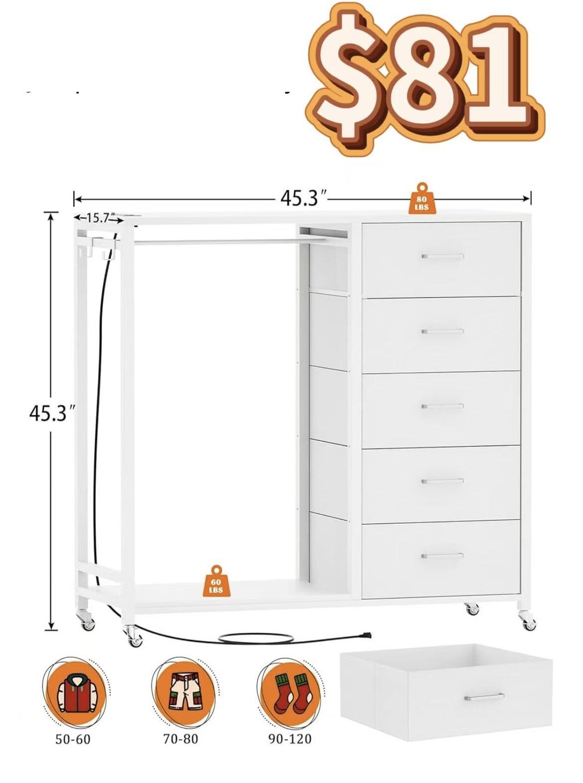 😀 Cyclysio Dresser for Bedroom with Clothes Rack, 5 Drawers Dresser with Charging Station & LED Lights, White Storage Chest of Drawers with Wheels