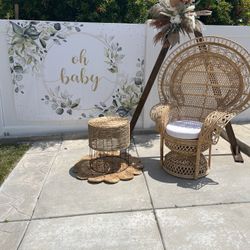 Peacock Chair Baby Shower Setup 