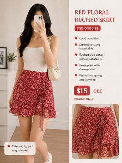 Red floral ruched skirt