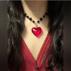 Red Chunky Crystal Heart Shaped Pendant Necklace Choker For Women Girl Unisex Gift Present Love 