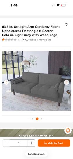 63.3 in. Straight Arm Corduroy Fabric Upholstered Rectangle 2-Seater Sofa in. Light Gray with Wood Legs