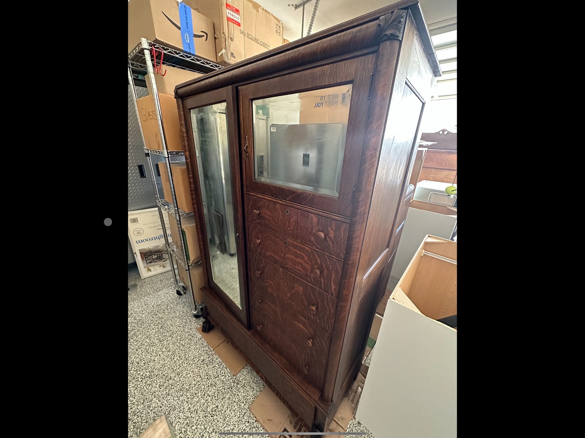 Antique Tiger Oak Gentleman’s Wardrobe / Chifferobe