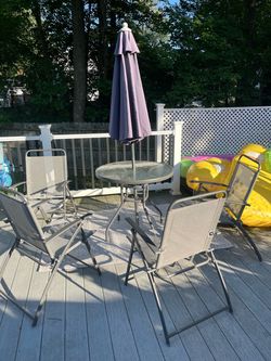 Outdoor Patio Table, 4 Chairs, and Umbrella Set