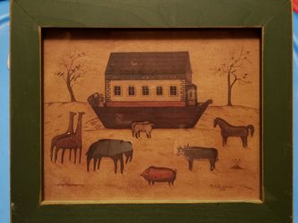 Vintage Noah's Ark Folk Art Framed Print 1991