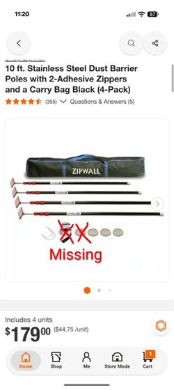 ⚠️MISSING 2 ACCESSORIES⚠️ Open Box ZipWall 10 ft. Stainless Steel Dust Barrier Pole 4-Pack. Missing 2 Accessories – See Photos. SOLD AS IS