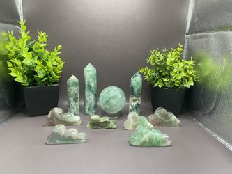 Fluorite Bundle, Including Six Clouds 337 G Tower 181 G 4 1/2 Inches, Tower 137 G 4 Inches, Tower 112 G 3.4 Inches, Sphere 349 G 59 Mm