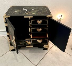 Authentic Chinoiserie Hand-Painted Black Lacquer Oriental Cabinet Stunning Brass Hardware/Accents