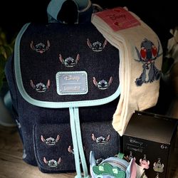  STITCH Jean 👖 Loungefly 💙🩵 with Coin 🪙 Pouch & Socks 🧦 