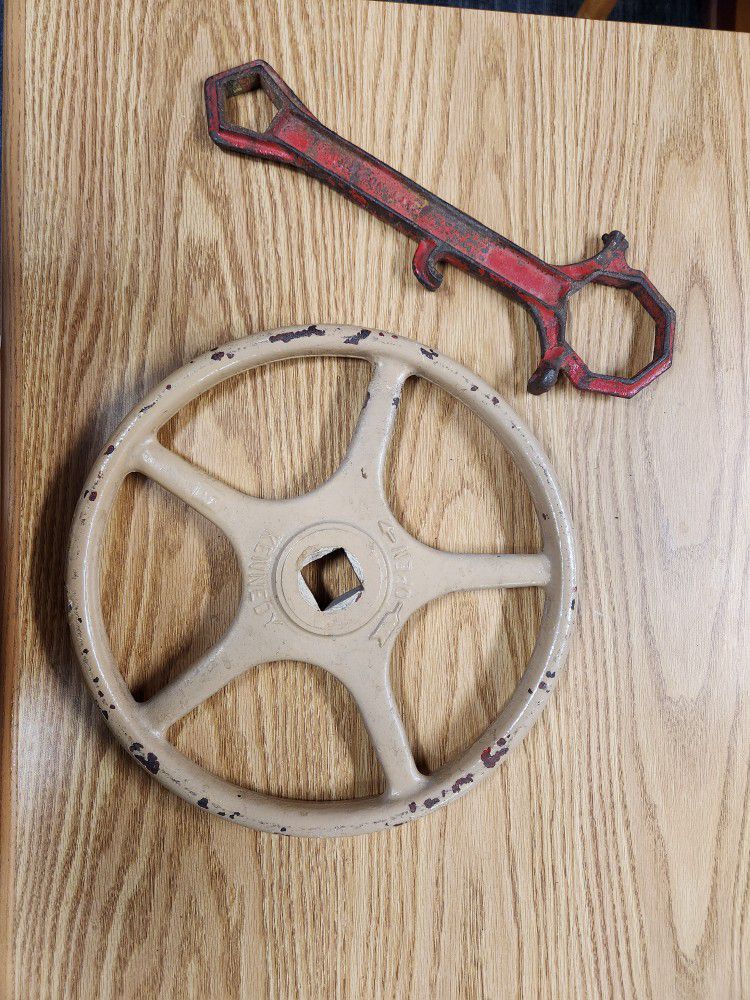 Vintage Cast Iron Valve Wheel & Wrench