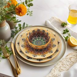 Brand New - Bohemian Orange - 12 Pc Dinnerware Dishes Set, Bohemian Boho Ceramic Kitchen Plate and Bowl for 4