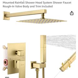 Shower System Brushed Gold 10 Inches Bathroom Luxury Rain Mixer Shower Combo Set Wall Mounted Rainfall Shower Head System Shower Faucet Rough-In Valve
