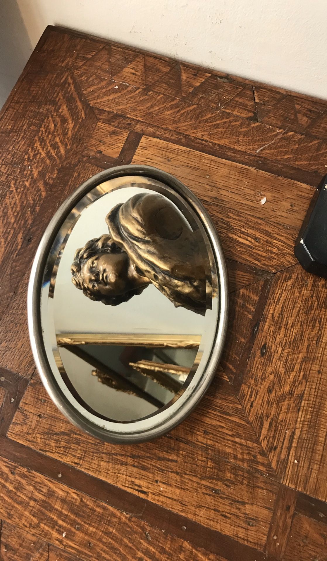 Antique Oval primitive gentleman’s shaving mirror with hanging hook
