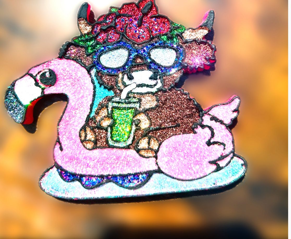 Highland Cow On A Flamingo Float Car Freshie