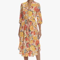 Donna Morgan Bright Yellow/Orange Print Midi Dress