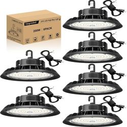 
UFO LED High Bay Light 200W 6 Pack, High Bay LED Shop Light 30,000LM 0-10V Dimmable, 5' Cable with US Plug, Hanging Hook, Safe Rope, ETL Listed 