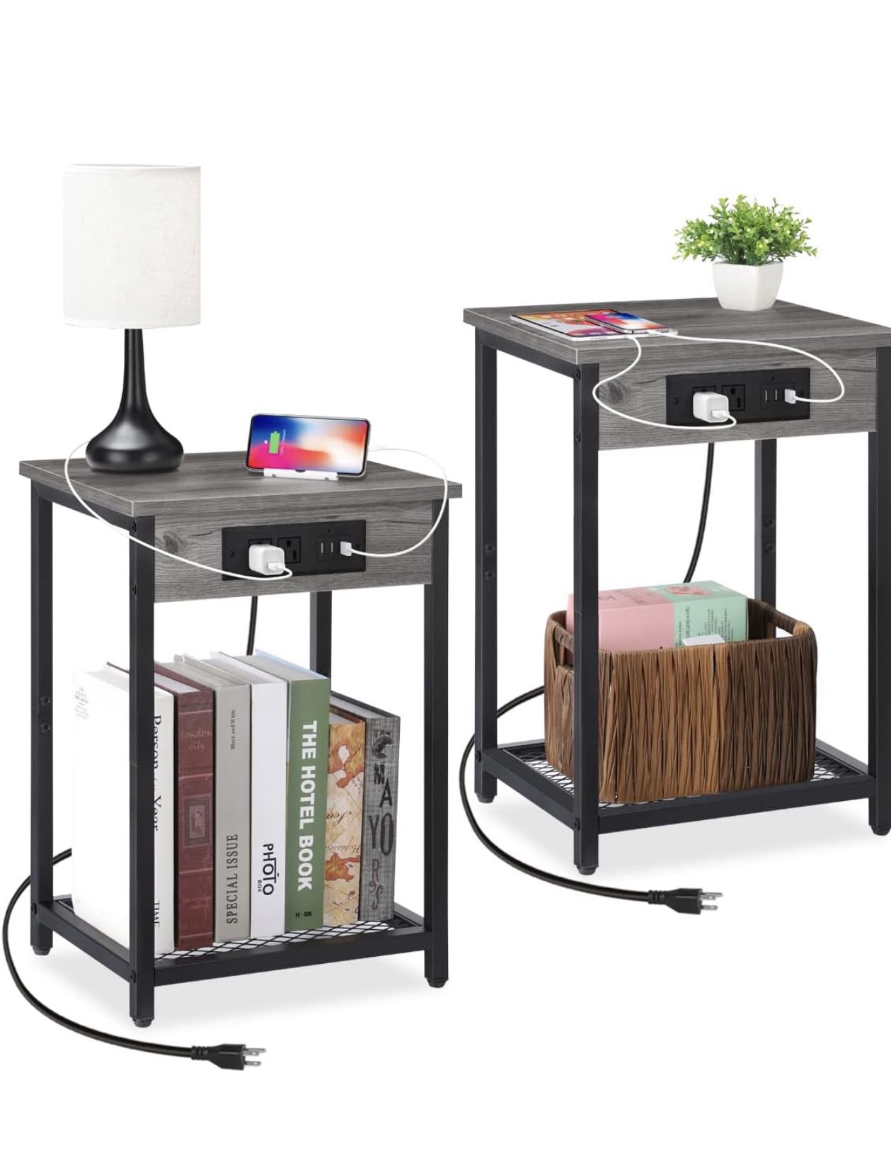 Nightstands 2 with Charging Station, 2 Tier Bedside Table with USB Ports and Outlets, Narrow End Table with Storage Shelf, Side Tables fo