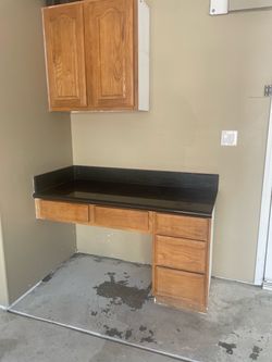 Oak Cabinet Set with Black Countertop