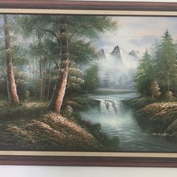  Oil On Canvas Nature Scape Mountain View Forest Waterfall Painting M. Scott.