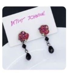 Betsey Johnson Earrings Quality Brand pink Rose With Dangle Black Gem New Pierced Stud