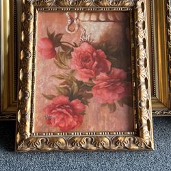 Vintage flowers In Vase Glass Gold frame