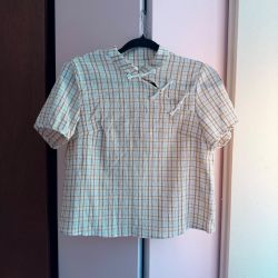 Plaid Mandarin Collar Blouse Frog Closures Short Sleeve Cream Blue Yellow