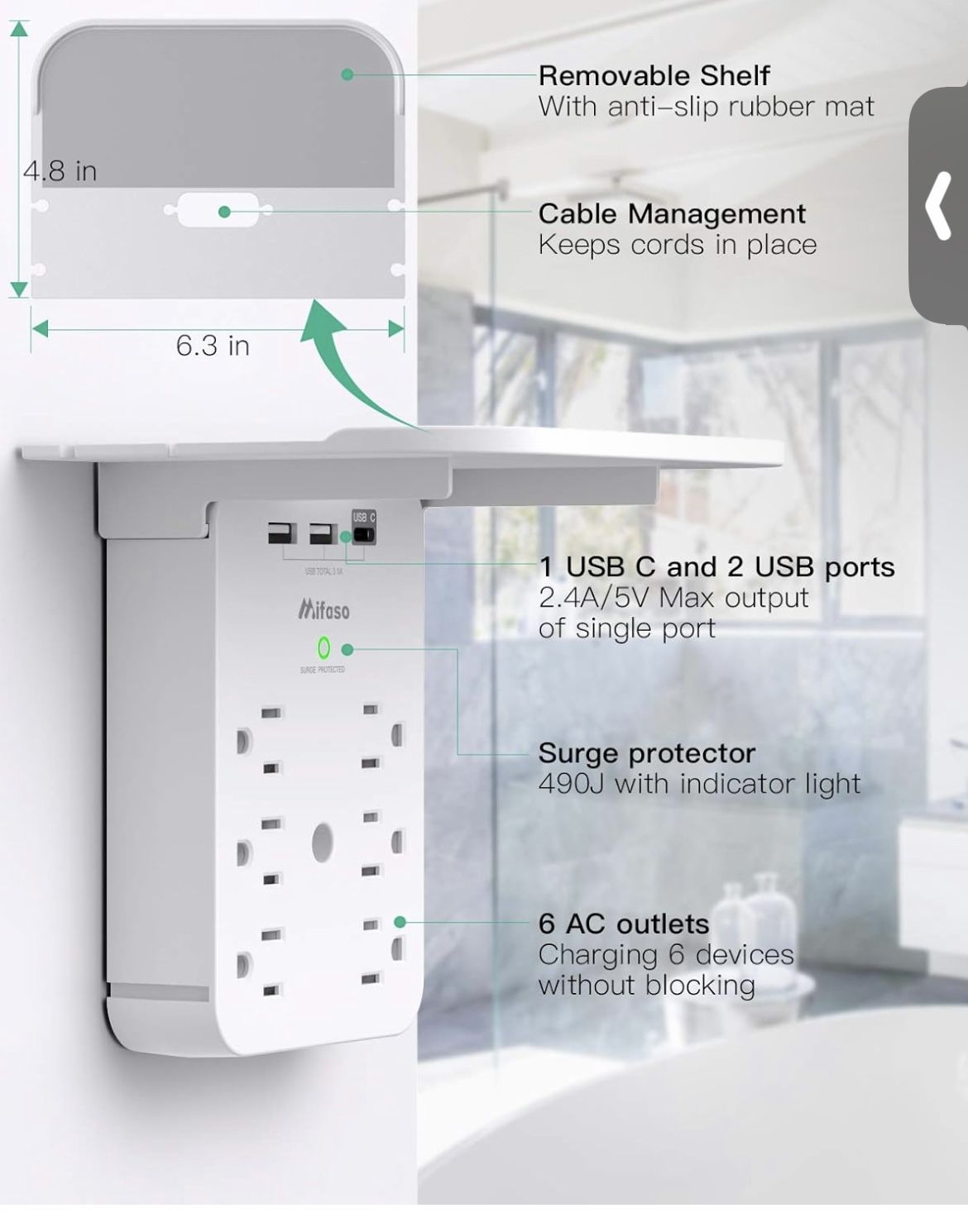 Wall Outlet Extender with Surge Protector, 6 AC Outlets, Shelf, 3Charging Ports