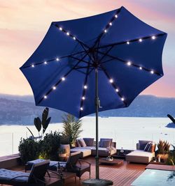 9' Solar LED Patio Umbrella, 8 Ribs, Tilt & Crank (Navy Blue) 9Ft Patio Umbrella with 24 Led Lights, Fade-resistant Canopy for Patio, Garden, Backyard
