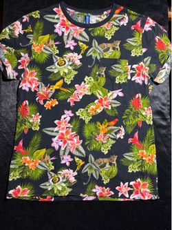 H&M Divided Men's Large Tropical Floral Leopard Print Pocket T-Shirt