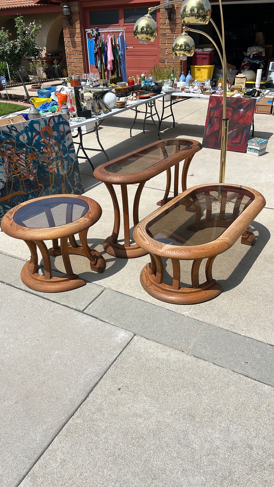 Vintage Late 70s-80s Postmodern Oak Table Set 3 Pieces 