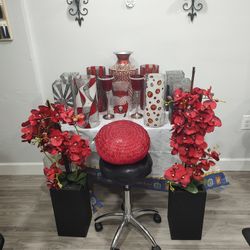 RED Stained Glass Vases, Wood Base Fake plants, Pillow
