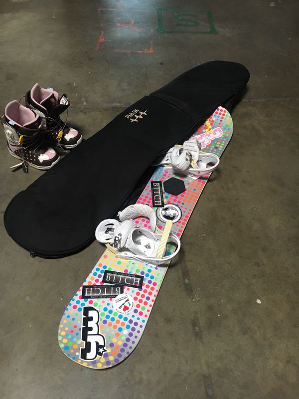 $200 Burton pink purple multi color dot snowboard set with burton pink ...