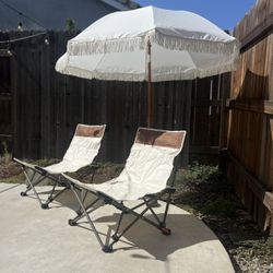 Beach umbrella and two beach chairs