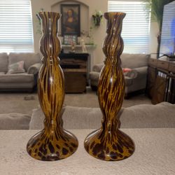 Pair of Art Glass Vases Brown Tortoise Pattern