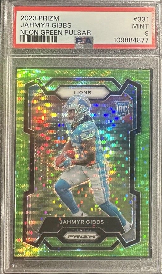 Unbelievable PSA 9 Neon Green Pulsar Card For NFL phenomenon Jahmyr Gibbs Of The Detroit Lions!!!
