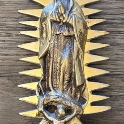 VIRGIN MARY 9" Tall Statue with Base from Mexico - Bronze Metal Material