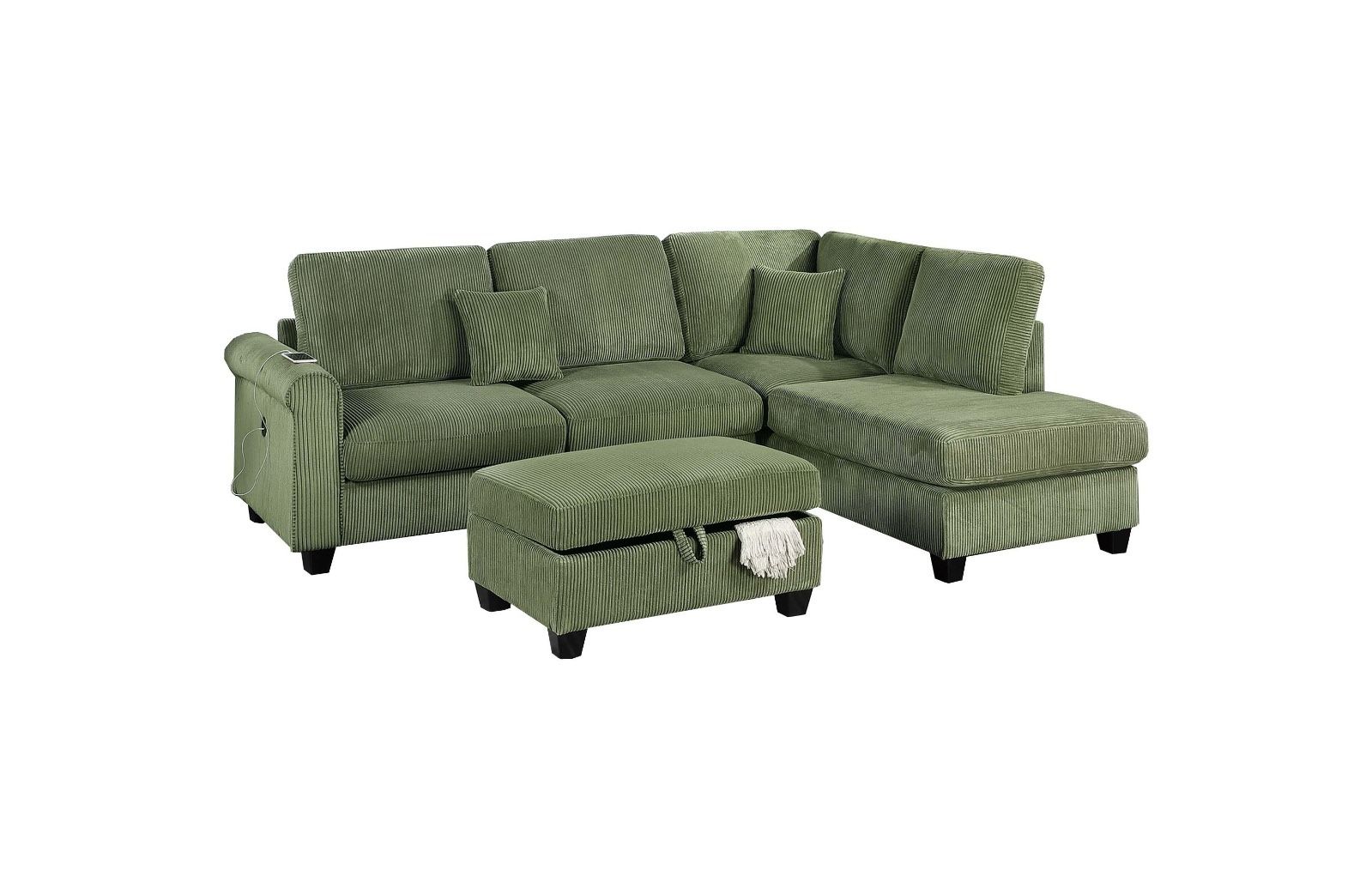 New L Shape Sectional Chaise STORAGE OTTOMAN Sofa Couch Set Soft Plush Fabric Green
