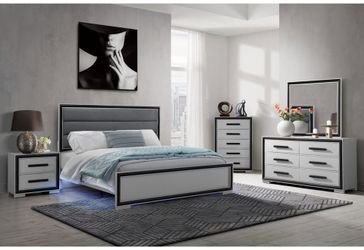 Stunning & sleek grey finish 6 pc bedroom set features led light, Speaker & cooler