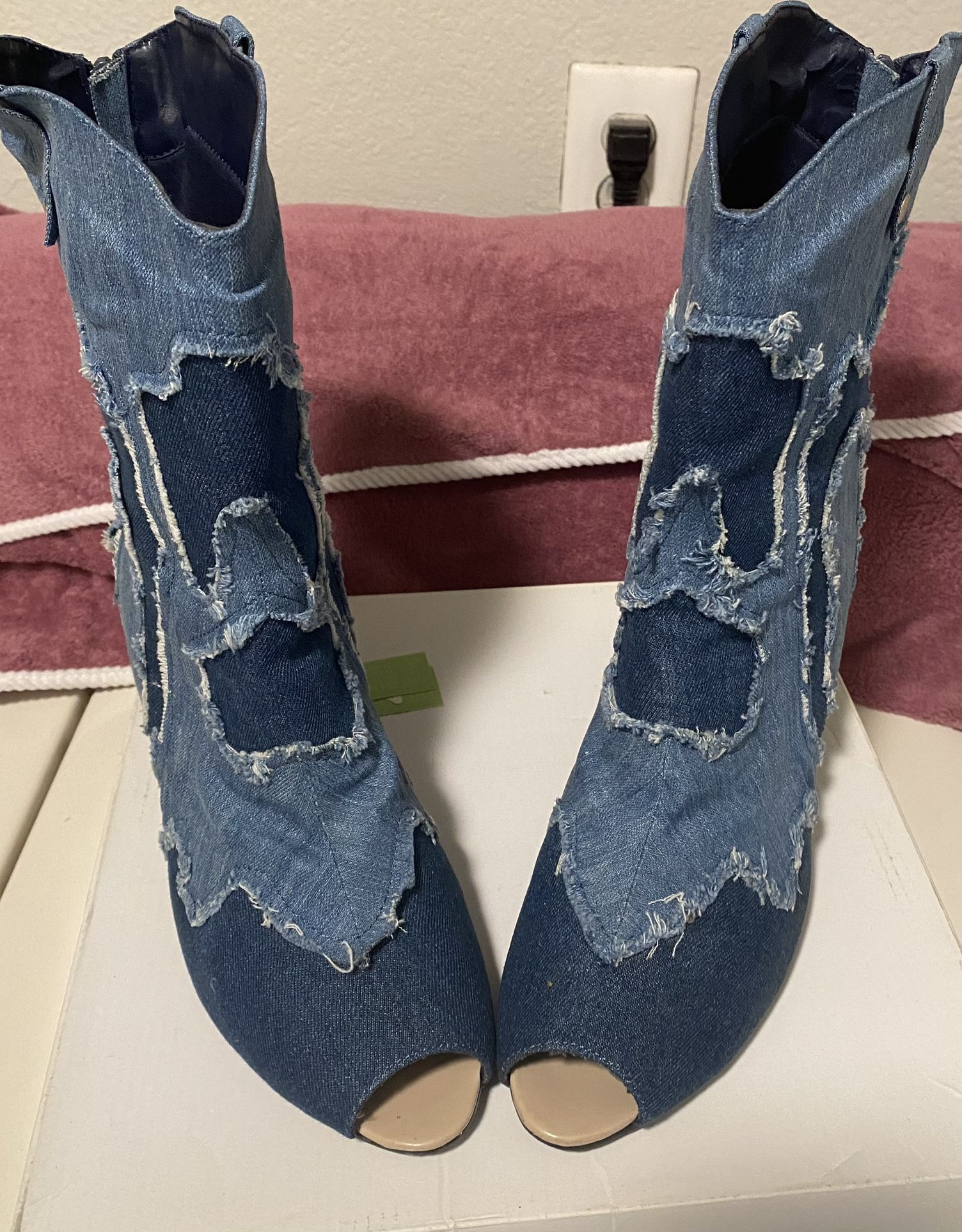Chic Denim Peep-Toe Heeled Boots