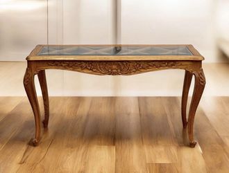 ⭕️ Vintage French Provincial Oak Console Table With Beveled Glass Top