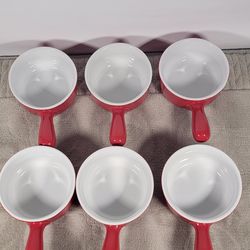 6 Brand New Vintage Red Stoneware Soup Pot & Chili Bowl w/ Handle – 16 oz – Unique