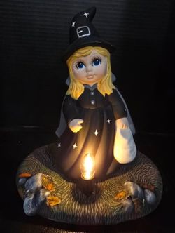 Vintage 1980's Hand Painted Halloween Ceramic Witch Trick or Treater w/Lighted Base
