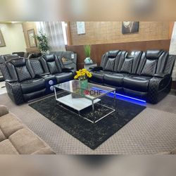 Black  / Beige  / Brown 2 Piece Reclining Sofa And Loveseat Set With LED Lights  //  Reclining Chair  Not Included 